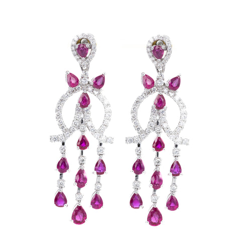 18K White Gold Natural Ruby Diamond Chandelier Drop Earrings - Queen May