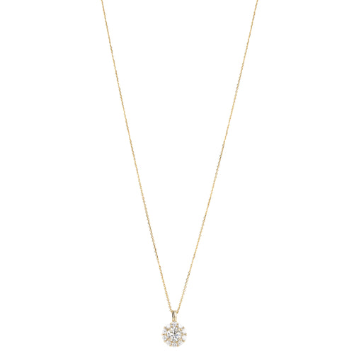 14K Yellow Gold 1.65 Carat Round Diamond Halo Pendant Necklace - Queen May