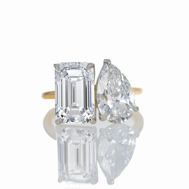 Lab Grown 7.89 Carat Pear and Emerald Cut Diamond Two Stone Ring - Queen May