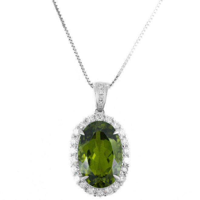 Platinum 10.35 Carat Peridot Diamond Halo Pendant Necklace - Queen May