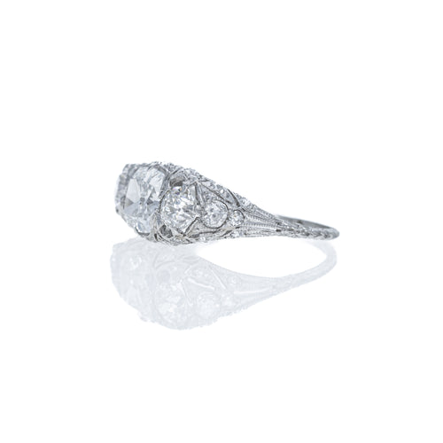 Art Deco Platinum 1.51 Carat Old Mine Diamond Three Stone Filigree Ring - Queen May