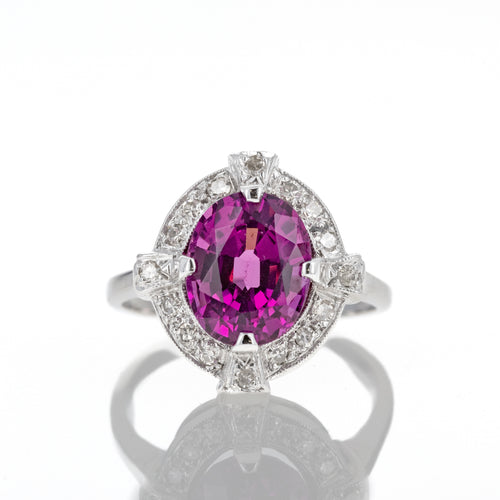 Art Deco 14K White Gold 3.5 Carat Oval Rubellite Tourmaline Diamond Ring - Queen May