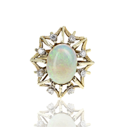 Retro 14K Yellow Gold 3 Carat Opal Diamond Ring - Queen May