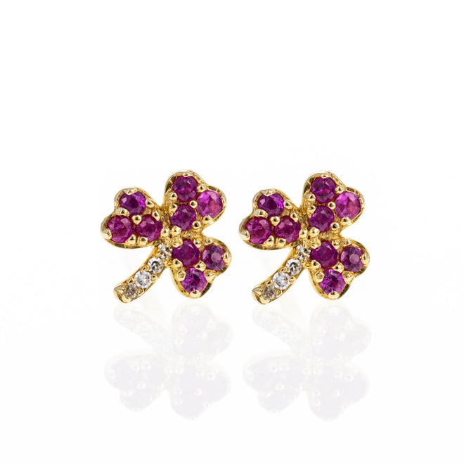 14K Yellow Gold 0.20 Carat Pink Sapphire Diamond Clover Stud Earrings - Queen May