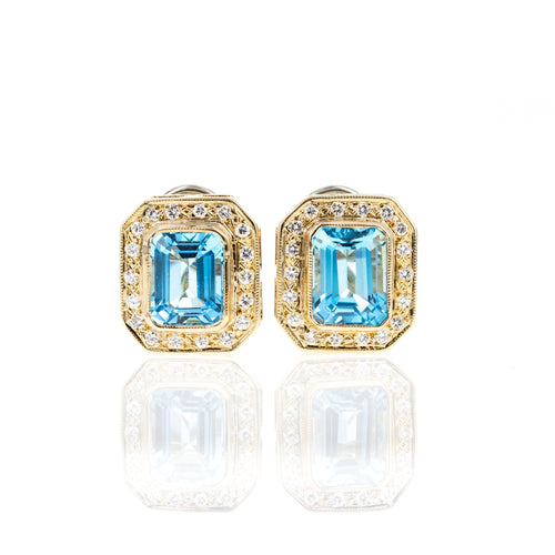 14K Yellow Gold 5 Carat Blue Topaz Diamond Omega Back Earrings - Queen May