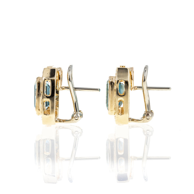 14K Yellow Gold 5 Carat Blue Topaz Diamond Omega Back Earrings - Queen May