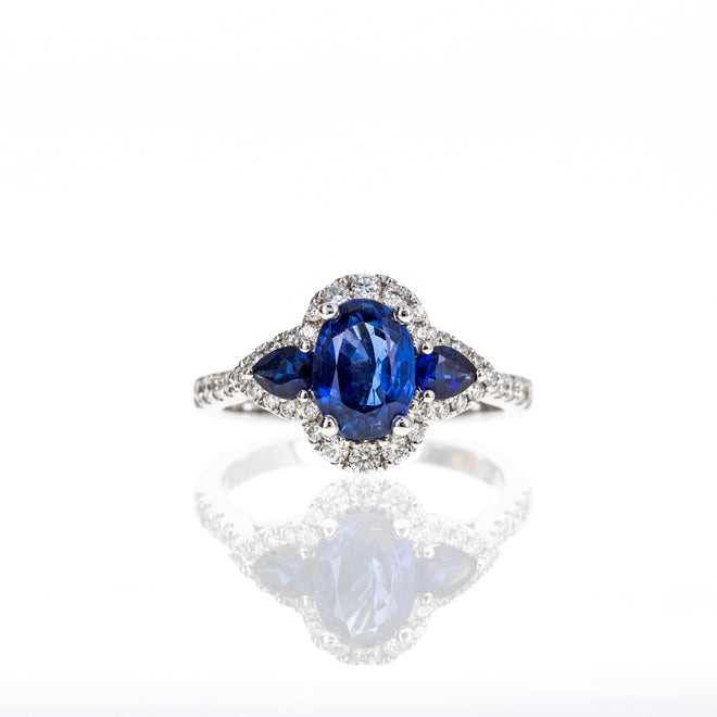 14K White Gold 1.71 Carat Oval Cut Natural Madagascar Sapphire & Diamond Ring - Queen May