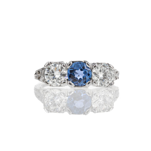 Art Deco 18K White Gold 0.63 Carat Yogo Gulch Sapphire Diamond Three Stone Ring - Queen May