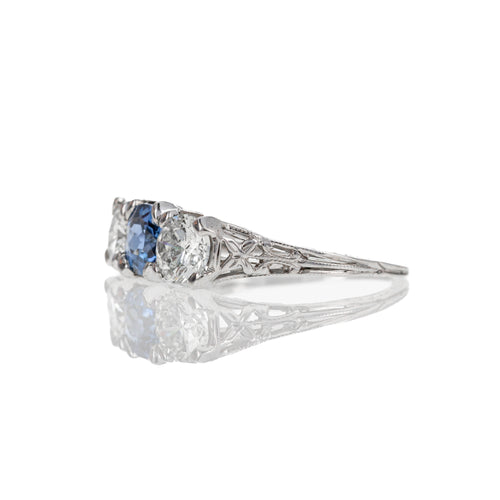 Art Deco 18K White Gold 0.63 Carat Yogo Gulch Sapphire Diamond Three Stone Ring - Queen May