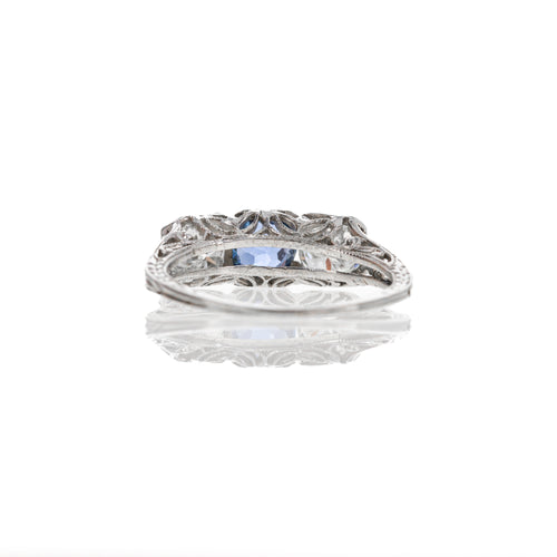 Art Deco 18K White Gold 0.63 Carat Yogo Gulch Sapphire Diamond Three Stone Ring - Queen May