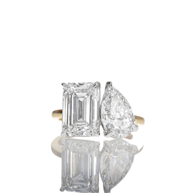 Lab Grown 7.57 Carat Pear and Emerald Cut Diamond Two Stone Ring - Queen May