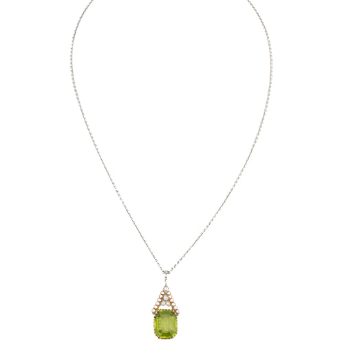 Antique Art Deco 7.5 Carat Peridot Diamond Seed Pearl Lavalier Pendant Necklace - Queen May