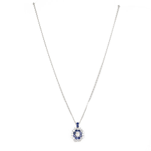 Platinum 0.36 Carat Oval Diamond Sapphire Halo Pendant Necklace - Queen May