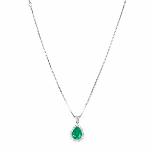 Platinum 2.05 Carat Pear Colombian Emerald Diamond Halo Pendant Necklace - Queen May