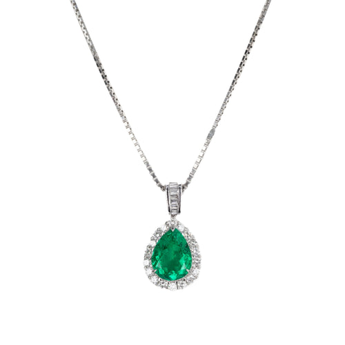 Platinum 2.05 Carat Pear Colombian Emerald Diamond Halo Pendant Necklace - Queen May