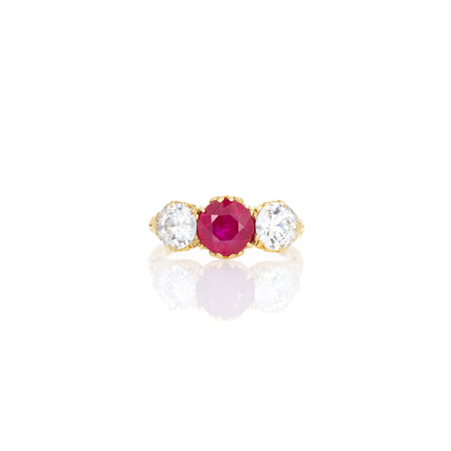 Victorian 18K Yellow Gold 2.21 Carat Burma Ruby Old European Diamond Three Stone Ring - Queen May