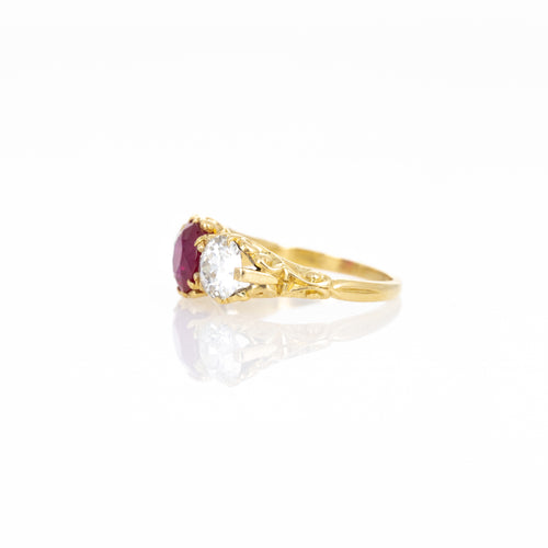 Victorian 18K Yellow Gold 2.21 Carat Burma Ruby Old European Diamond Three Stone Ring - Queen May