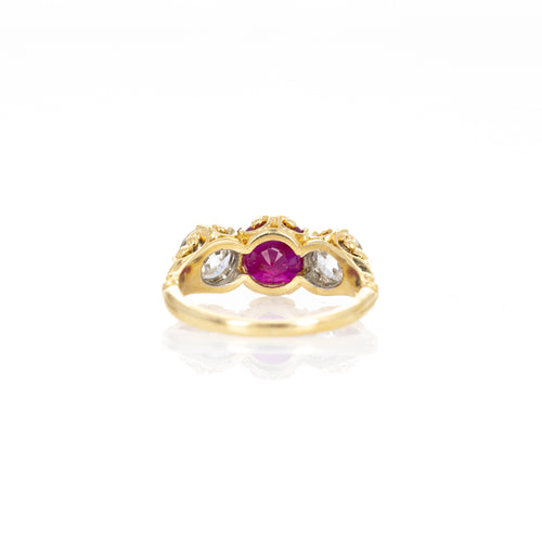 Victorian 18K Yellow Gold 2.21 Carat Burma Ruby Old European Diamond Three Stone Ring - Queen May