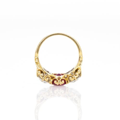 Victorian 18K Yellow Gold 2.21 Carat Burma Ruby Old European Diamond Three Stone Ring - Queen May