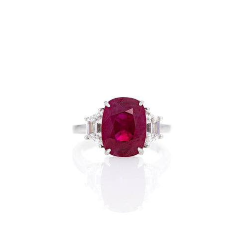 6.31 Carat Cushion Burma Natural Ruby Diamond Three Stone Ring - Queen May