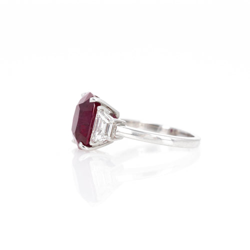 6.31 Carat Cushion Burma Natural Ruby Diamond Three Stone Ring - Queen May