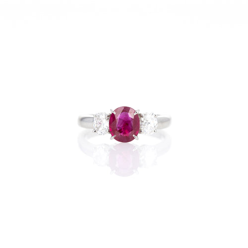 Platinum 1.26 Carat Oval Burma Ruby Diamond Three Stone Ring - Queen May