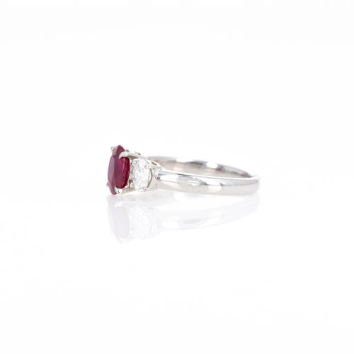 Platinum 1.26 Carat Oval Burma Ruby Diamond Three Stone Ring - Queen May