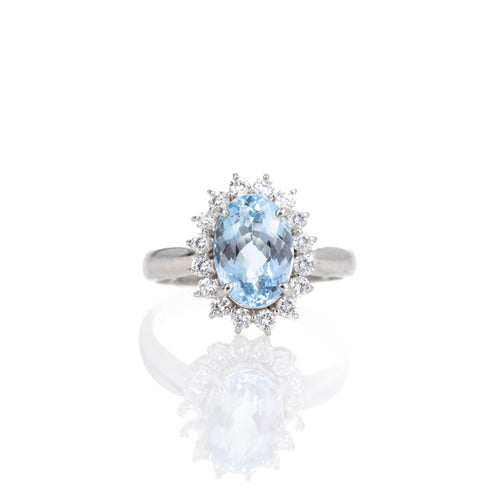 Platinum 2.56 Carat Oval Aquamarine Diamond Halo Ring - Queen May