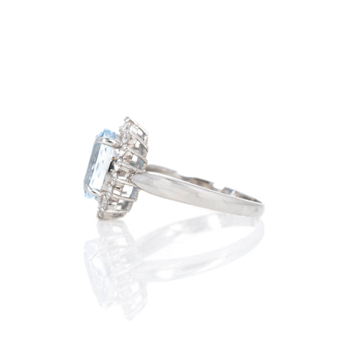 Platinum 2.56 Carat Oval Aquamarine Diamond Halo Ring - Queen May