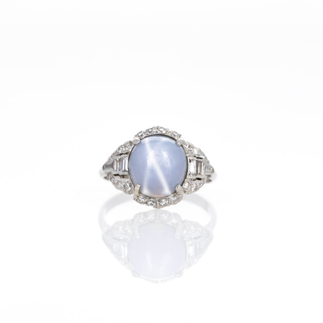 Art Deco Platinum 5.30 Carat Star Sapphire Diamond Ring - Queen May