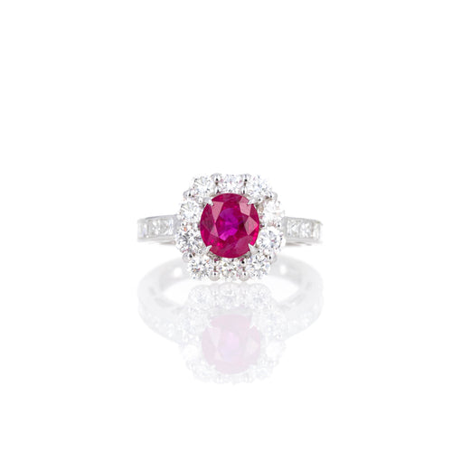 Platinum 1.95 Carat Oval Burma Ruby Diamond Halo Ring - Queen May