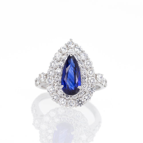 Platinum 2.01 Carat Pear Ceylon ''Royal Blue'' Sapphire Diamond Halo Ring - Queen May