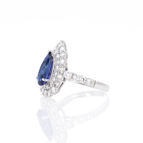 Platinum 2.01 Carat Pear Ceylon ''Royal Blue'' Sapphire Diamond Halo Ring - Queen May