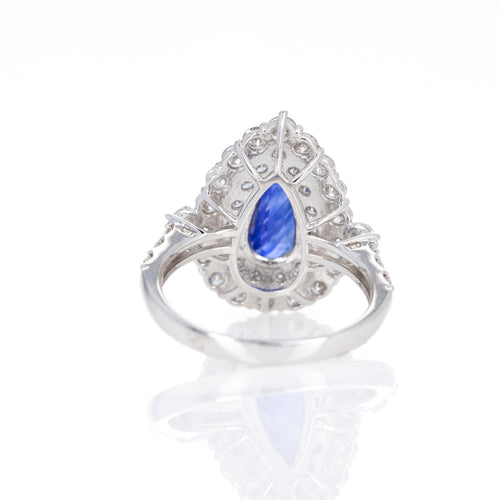 Platinum 2.01 Carat Pear Ceylon ''Royal Blue'' Sapphire Diamond Halo Ring - Queen May