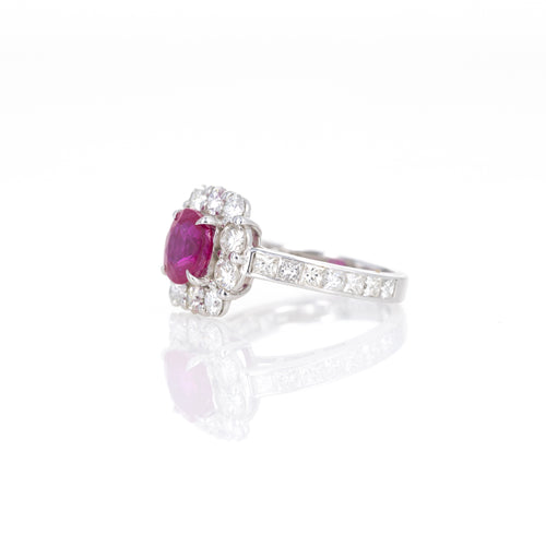 Platinum 1.95 Carat Oval Burma Ruby Diamond Halo Ring - Queen May