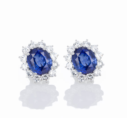 Platinum 15.07 Carat Oval Natural Sapphire Diamond Halo Clip-On Earrings - Queen May