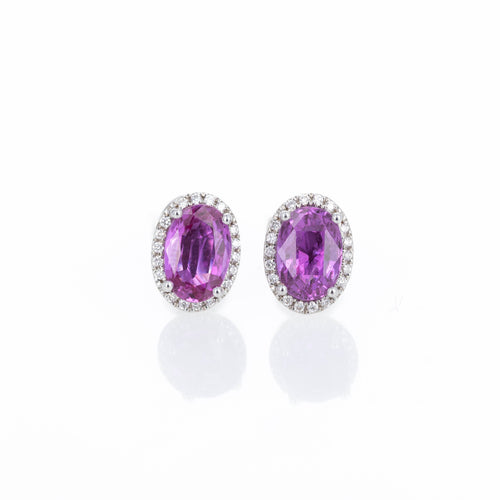 18K White Gold 2.64 Carat Pink Sapphire Diamond Halo Stud Earrings - Queen May