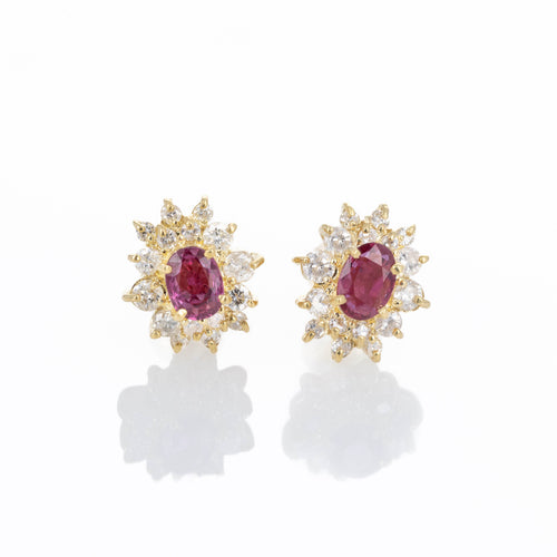 18K Yellow Gold 0.60 Carat Oval Ruby Diamond Halo Stud Earrings - Queen May