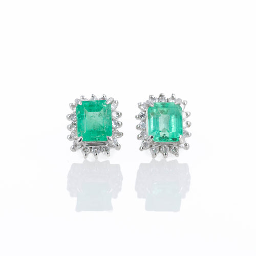 Platinum 1.30 Carat Emerald Diamond Halo Stud Earrings - Queen May