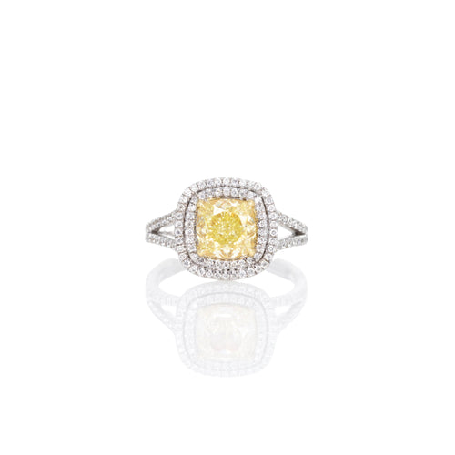 2.06 Carat Fancy Yellow Cushion Diamond Halo Engagement Ring - Queen May