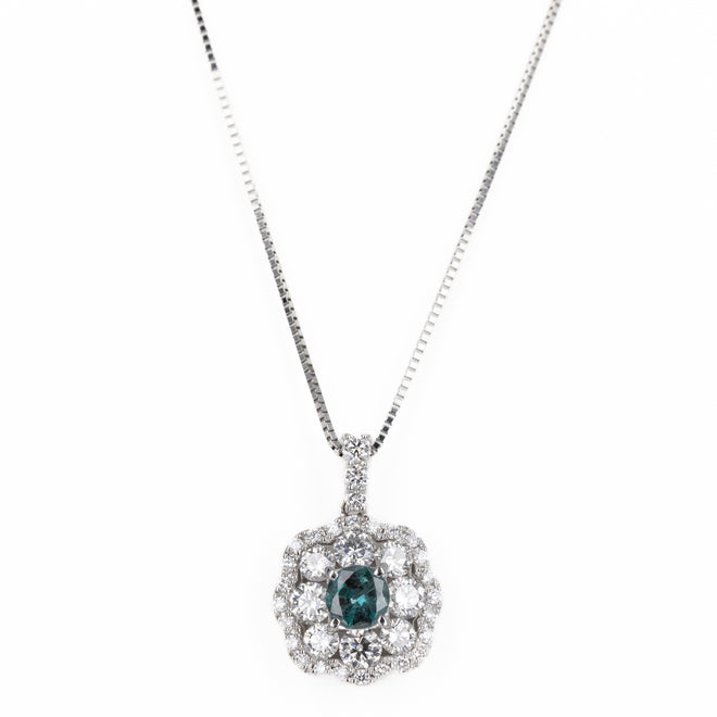 Platinum 0.44 Carat Round Alexandrite Diamond Halo Pendant Necklace - Queen May