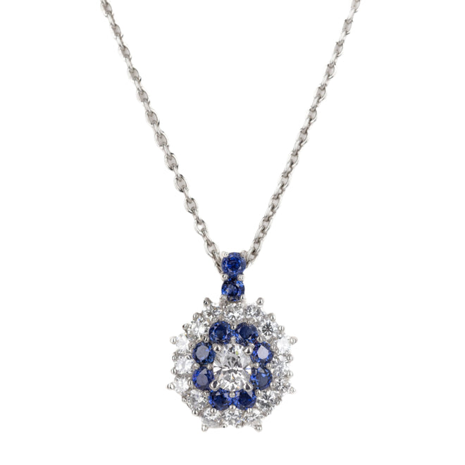 Platinum 0.36 Carat Oval Diamond Sapphire Halo Pendant Necklace - Queen May