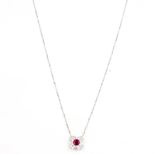 Platinum 0.33 Round Ruby Diamond Floral Clover Pendant Necklace - Queen May