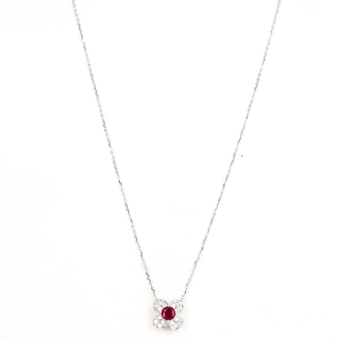 Platinum 0.33 Round Ruby Diamond Floral Clover Pendant Necklace - Queen May