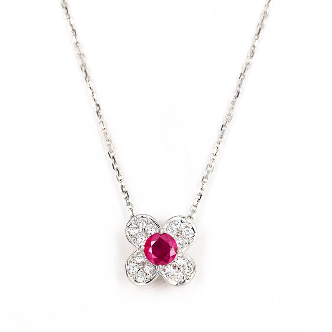 Platinum 0.33 Round Ruby Diamond Floral Clover Pendant Necklace - Queen May