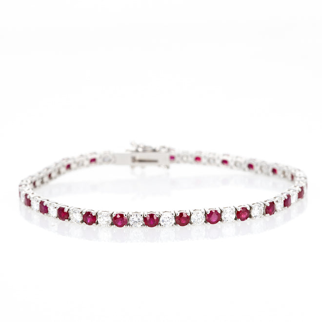 14K White Gold 4.83 Carat Round Ruby Diamond Tennis Bracelet - Queen May