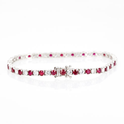 14K White Gold 4.83 Carat Round Ruby Diamond Tennis Bracelet - Queen May