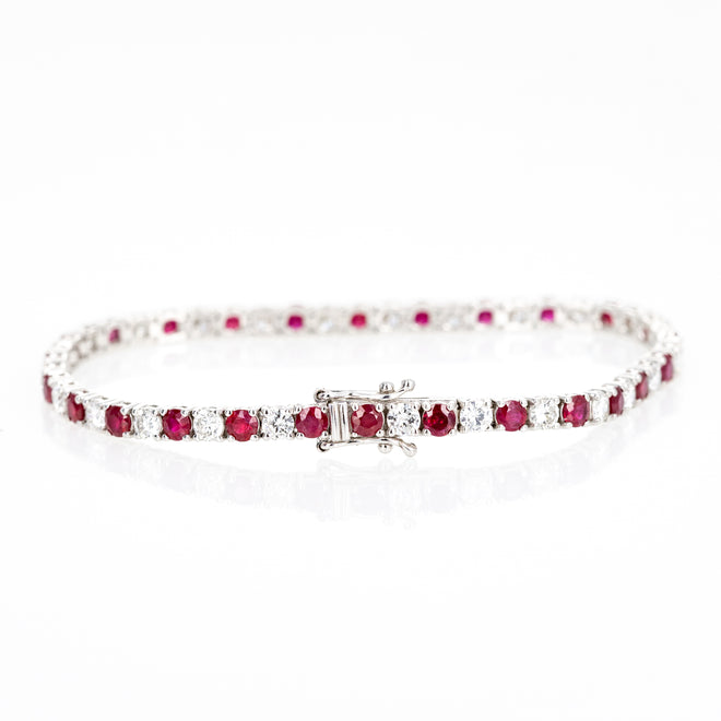 14K White Gold 4.83 Carat Round Ruby Diamond Tennis Bracelet - Queen May