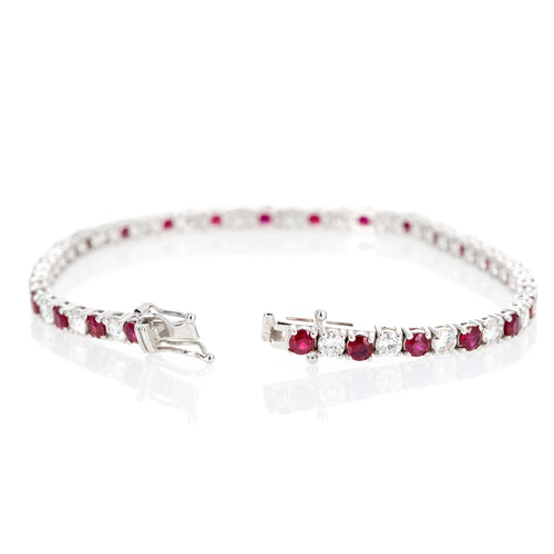 14K White Gold 4.83 Carat Round Ruby Diamond Tennis Bracelet - Queen May