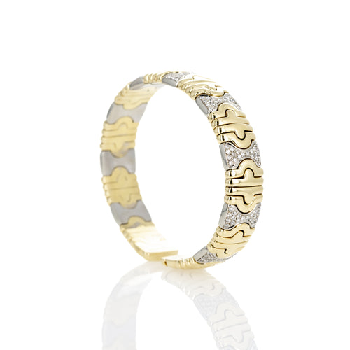 Two Toned 18K Gold Pave Diamond Textured Bangle - Queen May